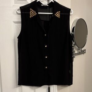 Black Sleeveless Blouse with Gold Stud Collar